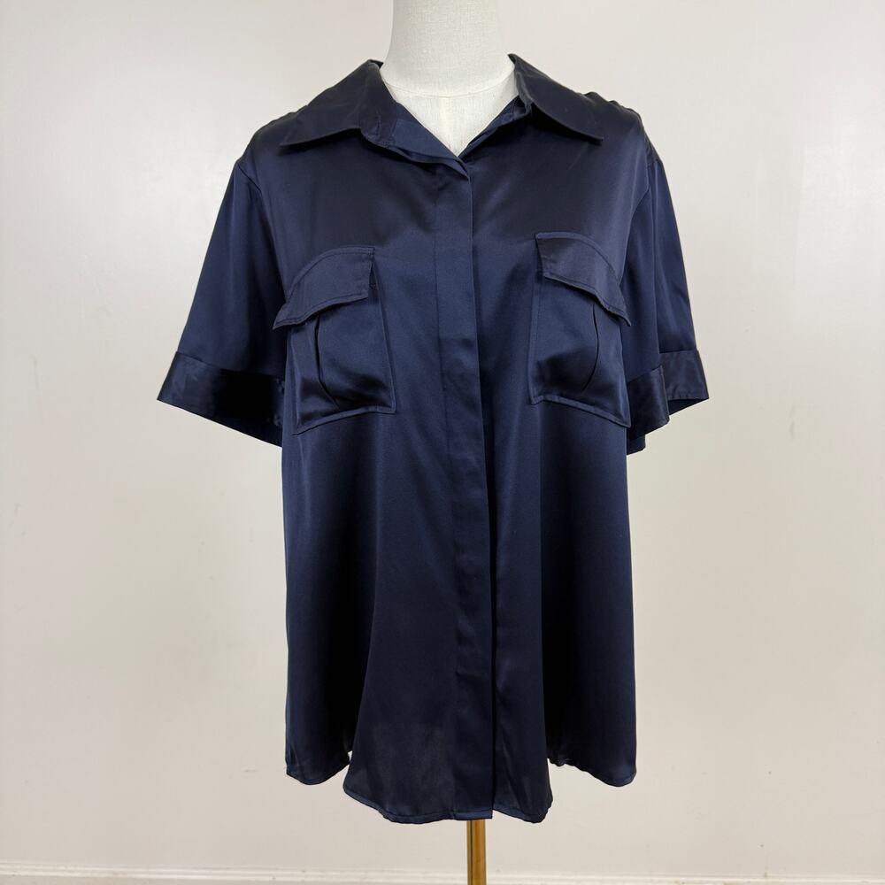 Ashley Stewart Navy Silk Short Sleeve Button Up Shirt Womens Size 14W